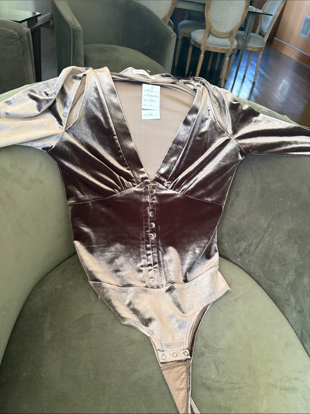 Velvet Long-Sleeve Deep V Bodysuit in Chocolate Brown